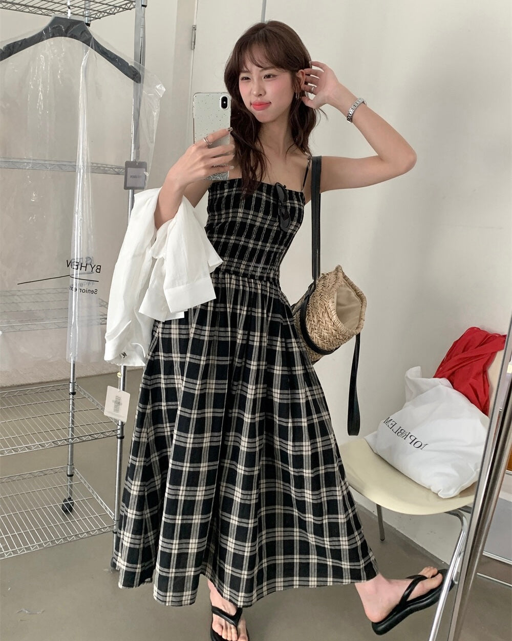 Plaid Shirred Slip Dress