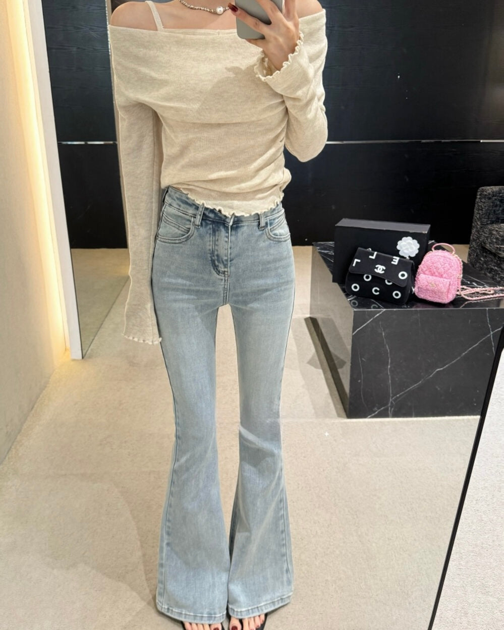 Stretch Bow Flared Jeans
