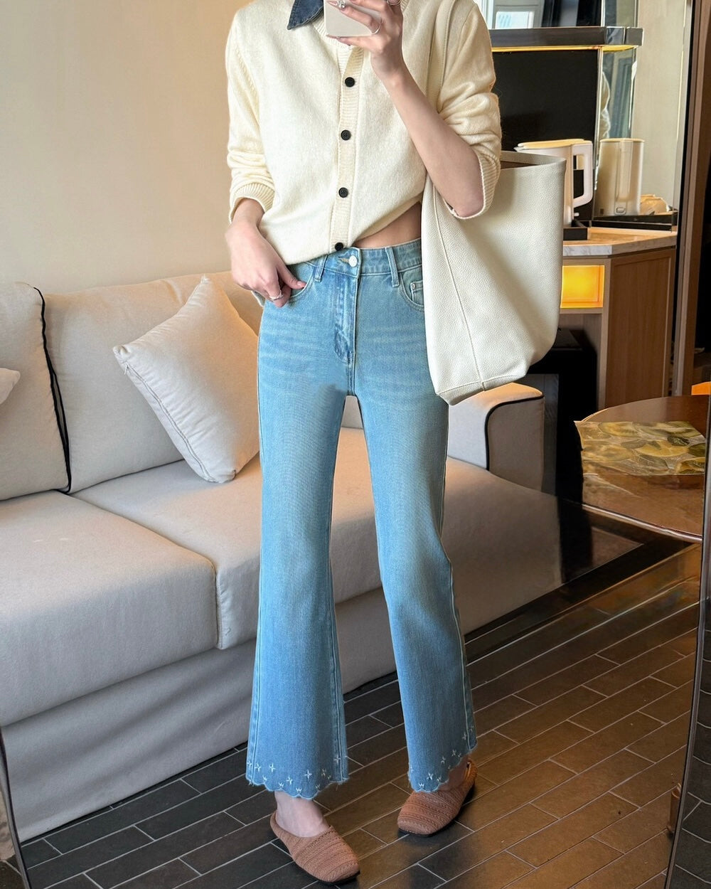 Cropped Embroidered Flared Jeans