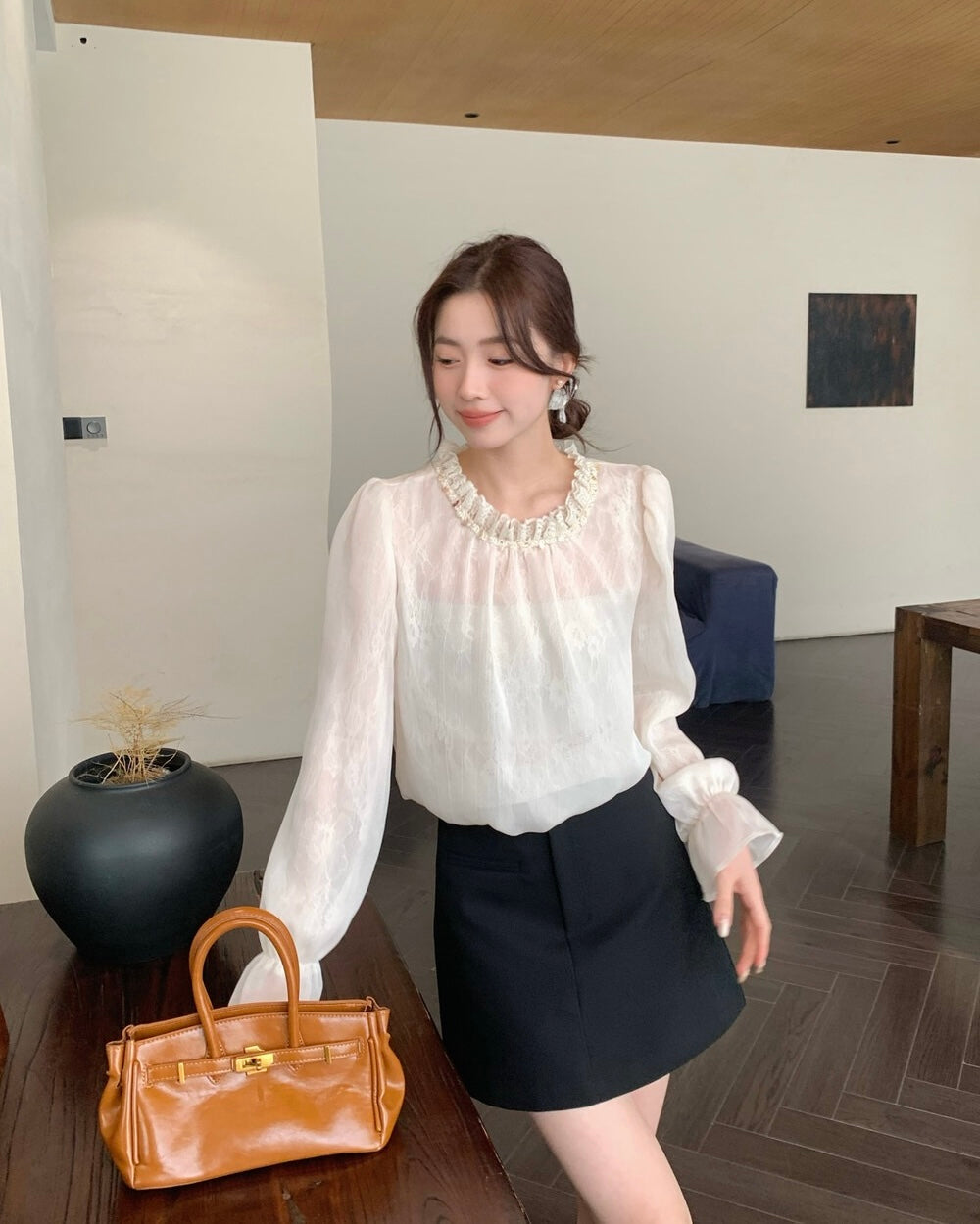 Elegant Lace Ruffle Neck Blouse