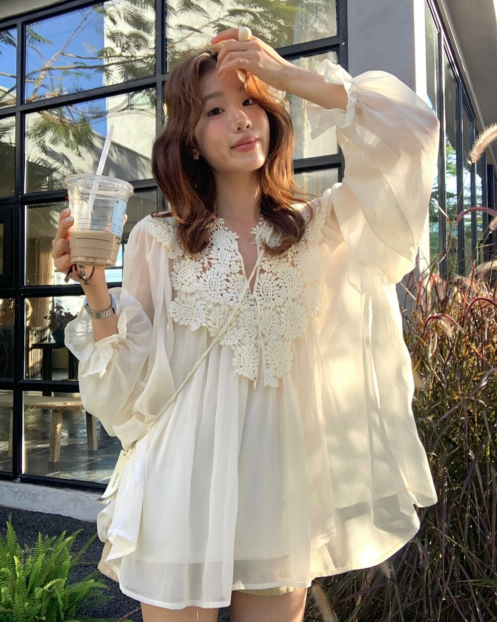 Vintage Lace Collar Blouse & Camisole Set
