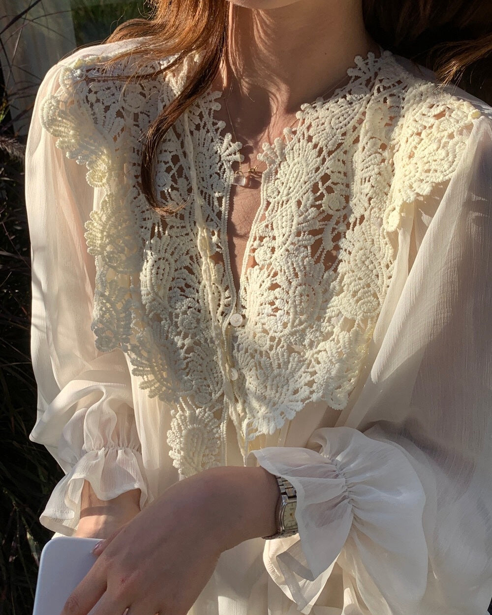 Vintage Lace Collar Blouse & Camisole Set