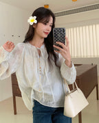 Floral Embroidered Tie-Neck Blouse
