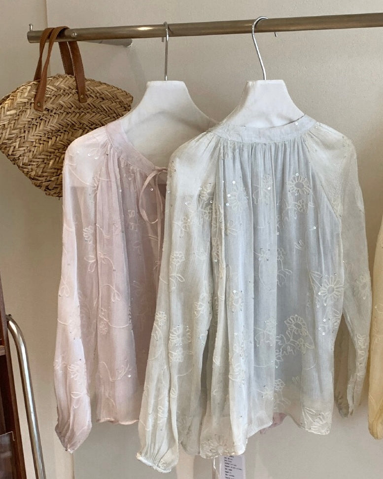 Floral Embroidered Tie-Neck Blouse