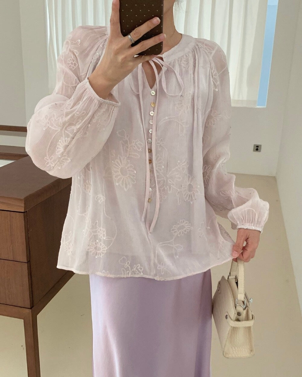 Floral Embroidered Tie-Neck Blouse