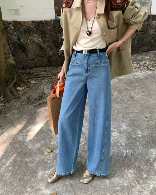 4-Way Stretch Cropped Wide-Leg Straight Jeans with Belt