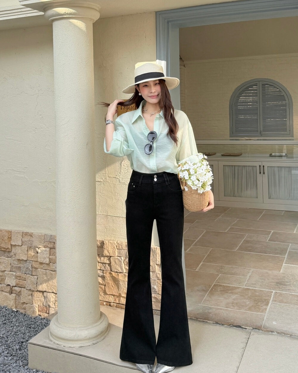 Stretch Double-Button Flared Jeans