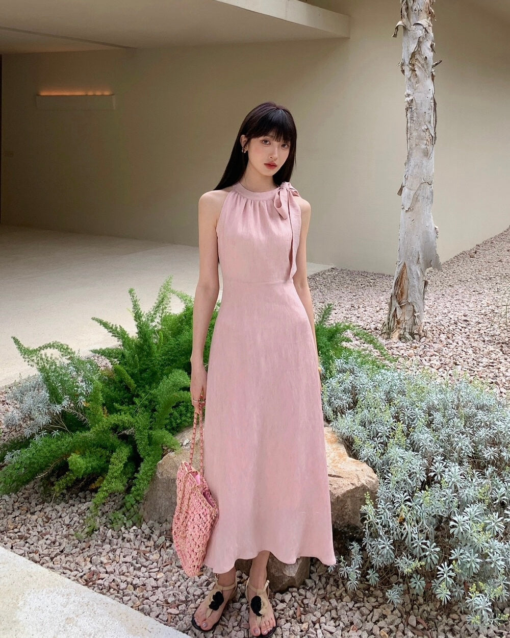 Elegant Tie-Neck Halter Maxi Dress