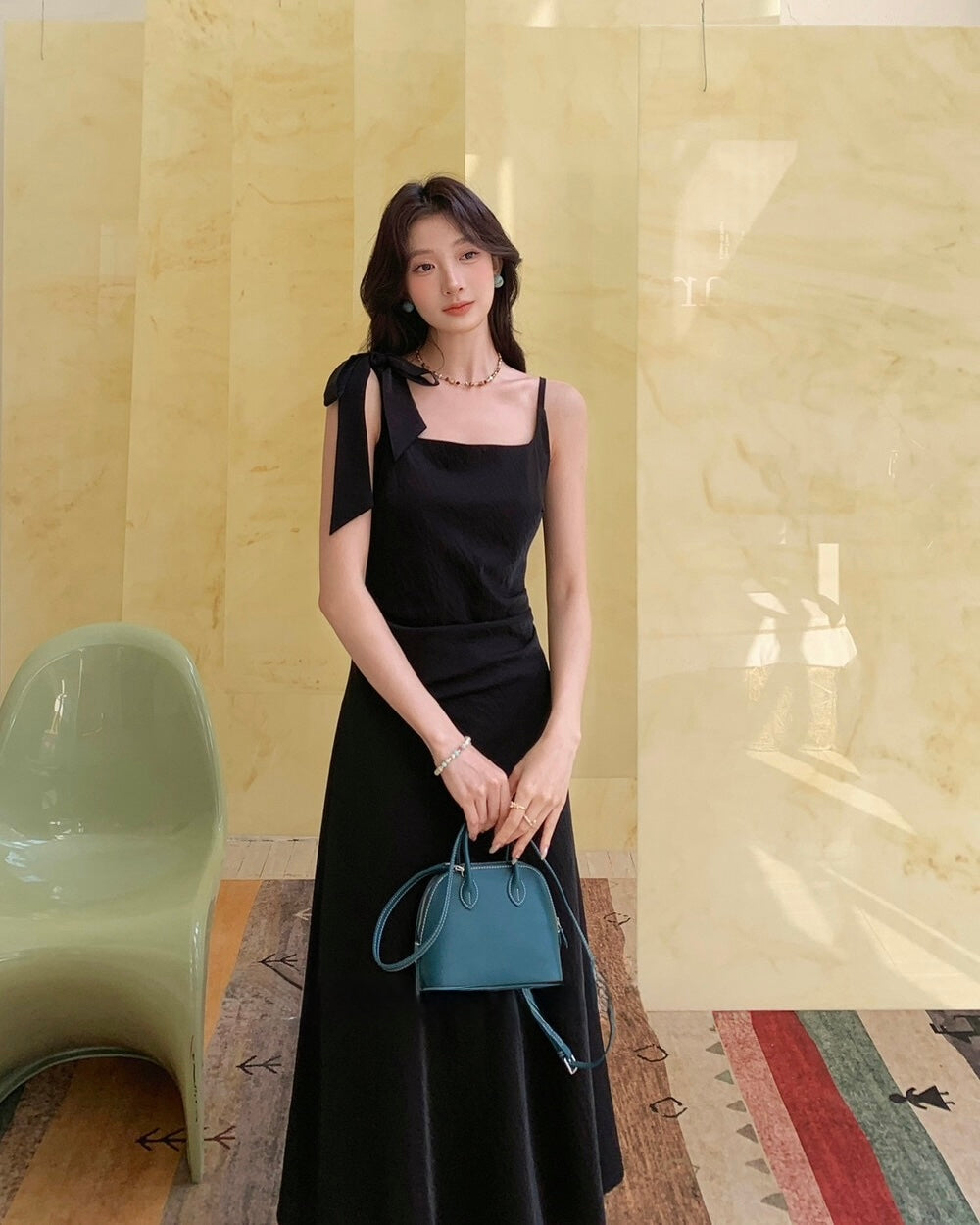 Tie-Shoulder Black Maxi Dress