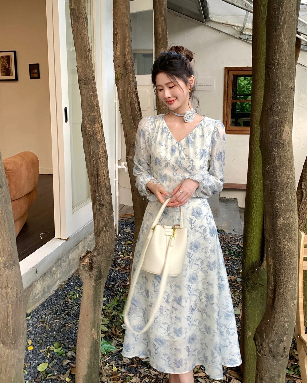 Floral V-Neck Long Sleeve Maxi Dress