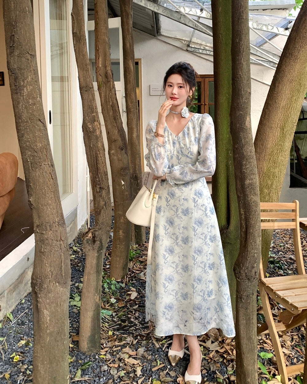 Floral V-Neck Long Sleeve Maxi Dress