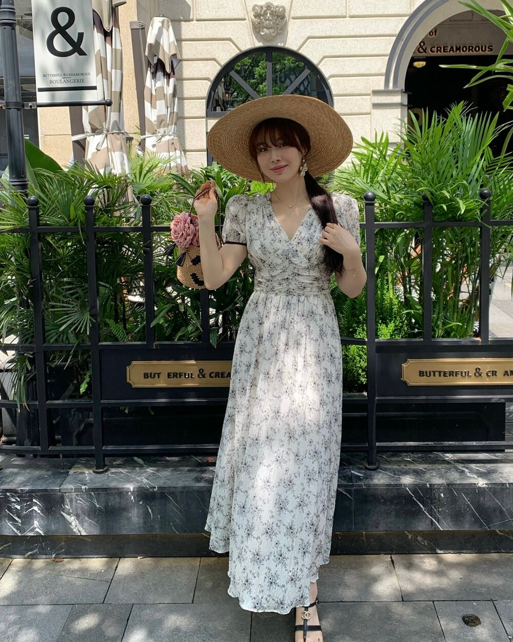 Floral V-Neck Puff Sleeve Maxi Dress