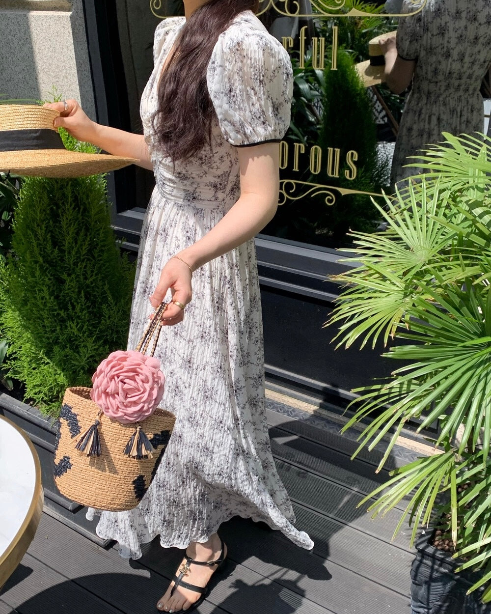 Floral V-Neck Puff Sleeve Maxi Dress