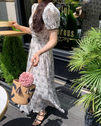 Floral V-Neck Puff Sleeve Maxi Dress