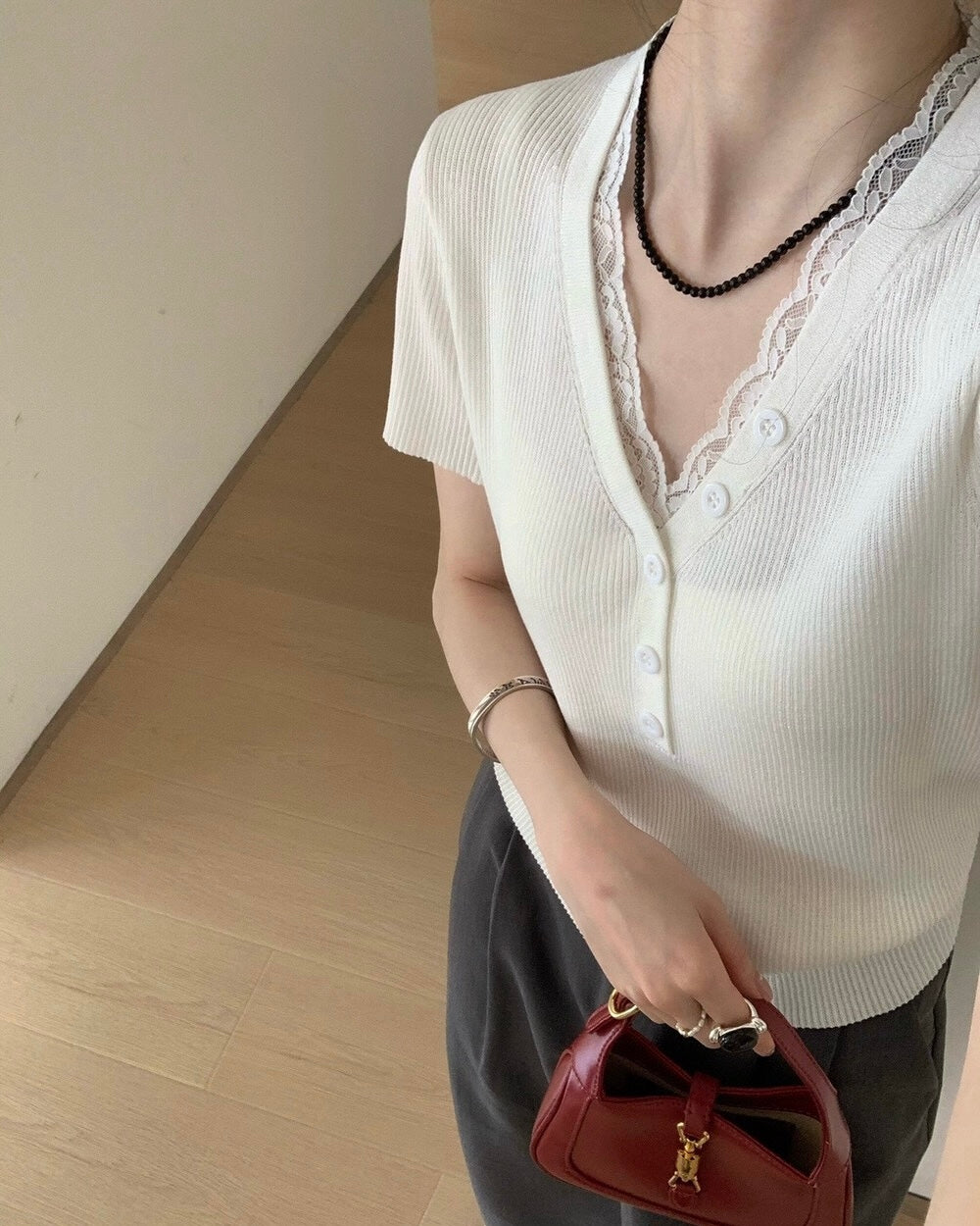 Lace Trim Ribbed Knit Top