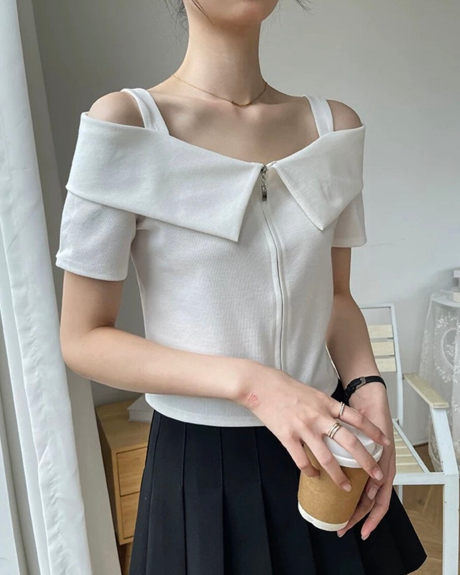 Zip-Up Cold Shoulder Top