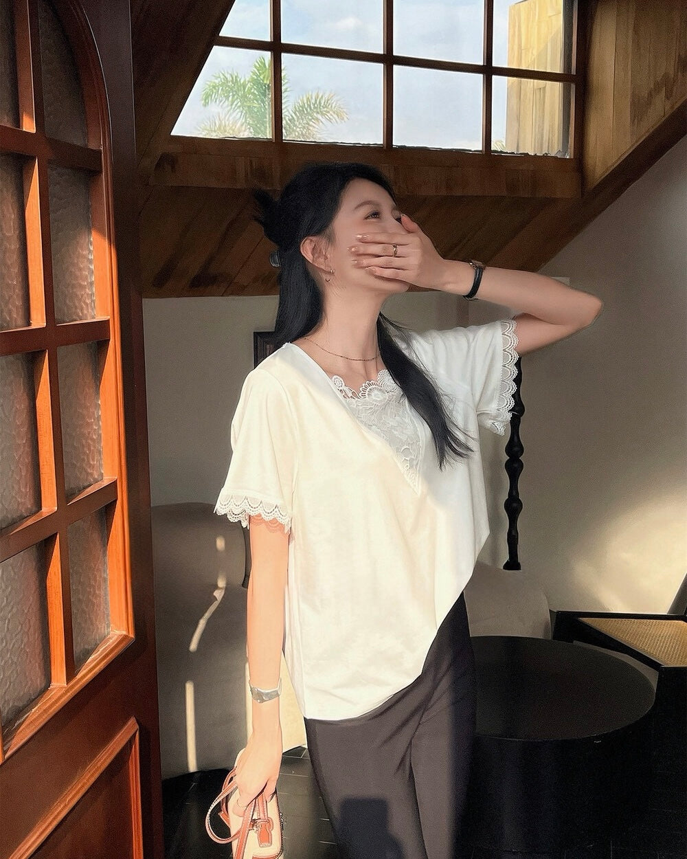 Lace Paneled V-Neck Top