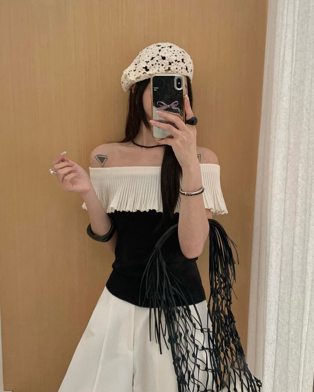 Contrast Knit Off-Shoulder Top