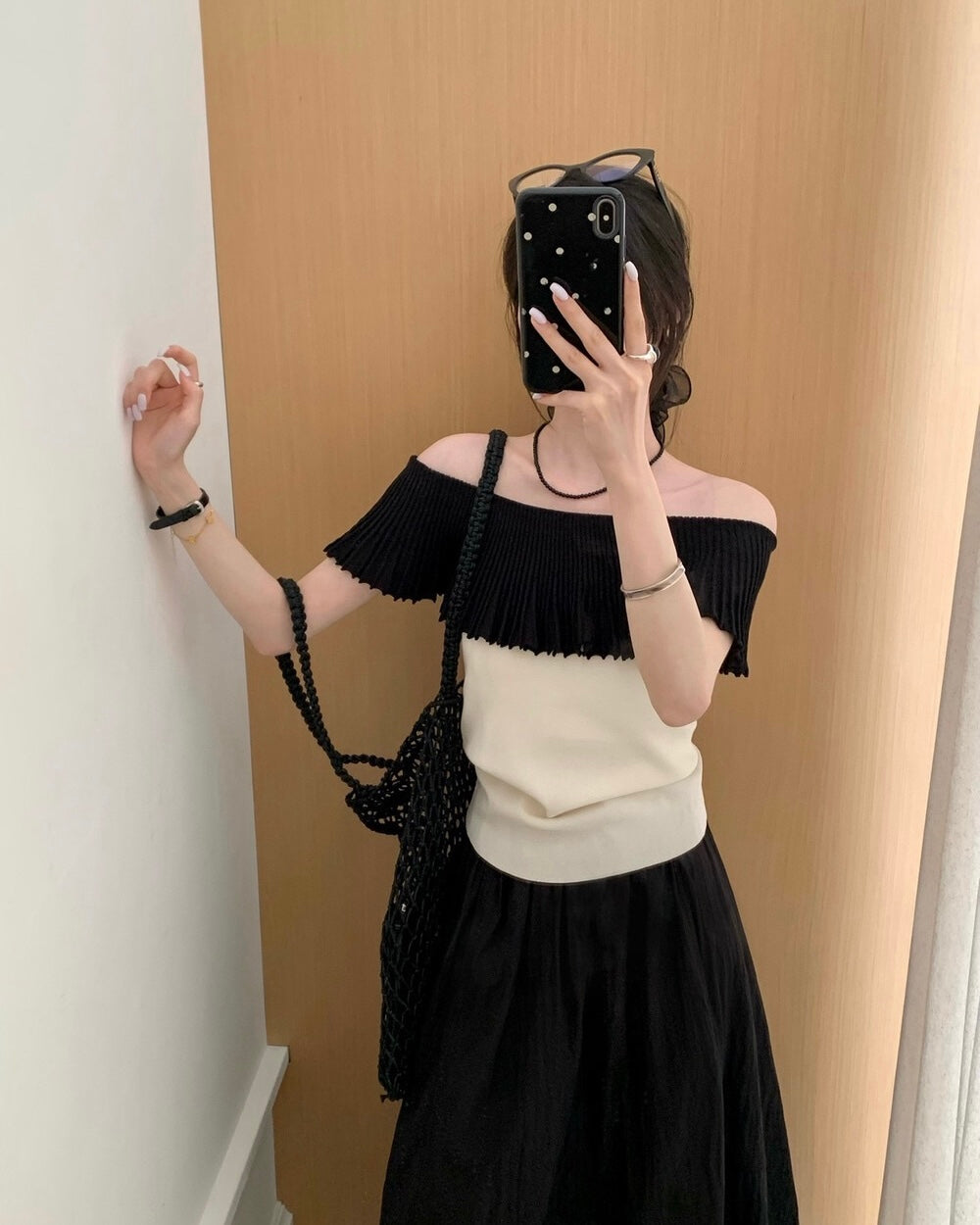 Contrast Knit Off-Shoulder Top