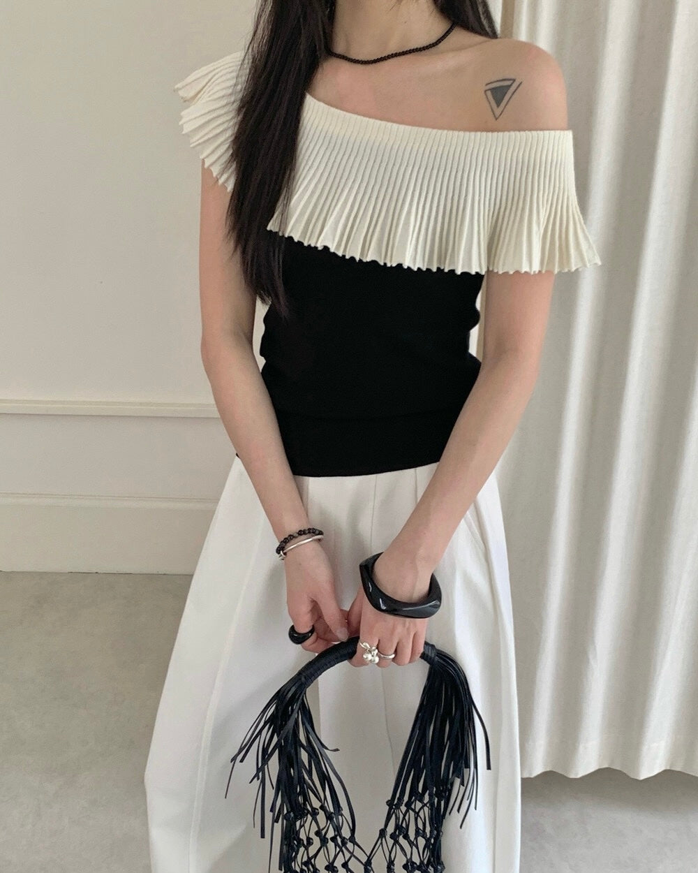 Contrast Knit Off-Shoulder Top
