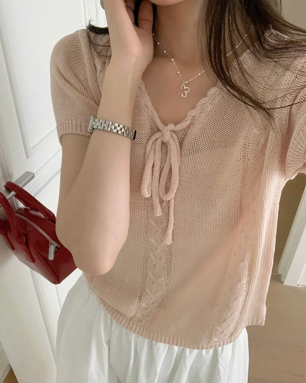 Lace-Up Cable Knit Top