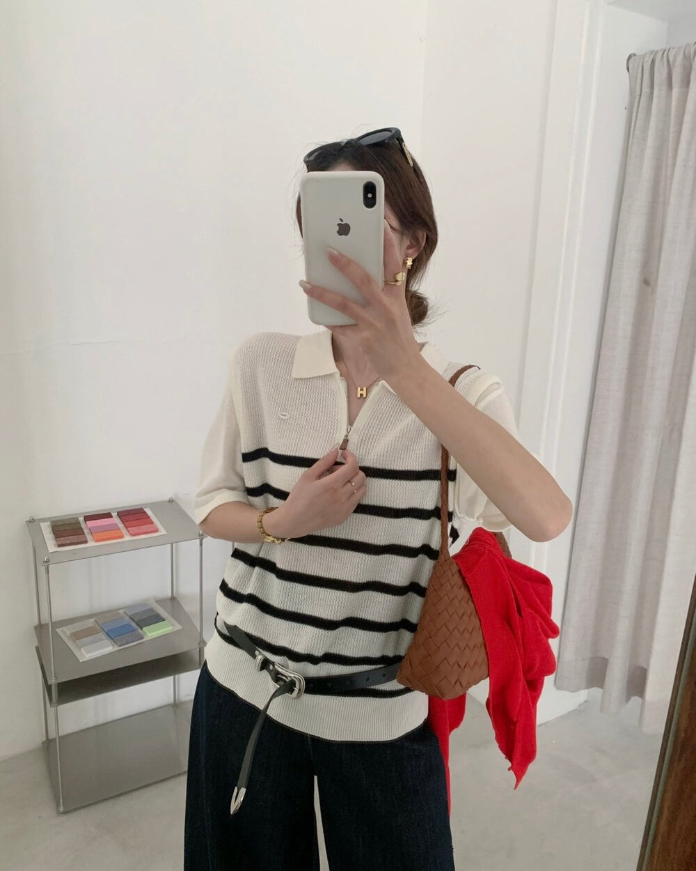 Striped Knit Polo Top