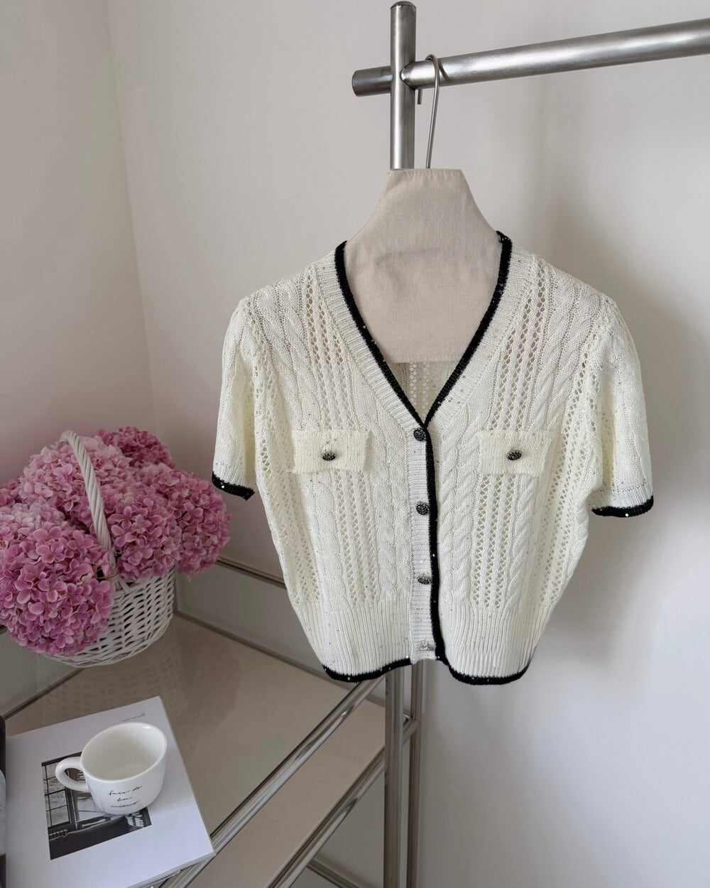 Contrast Trim Cable Knit Cardigan