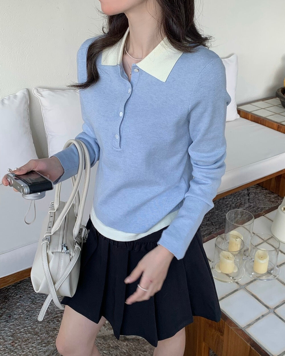 Collared Faux-Layered Knit Top