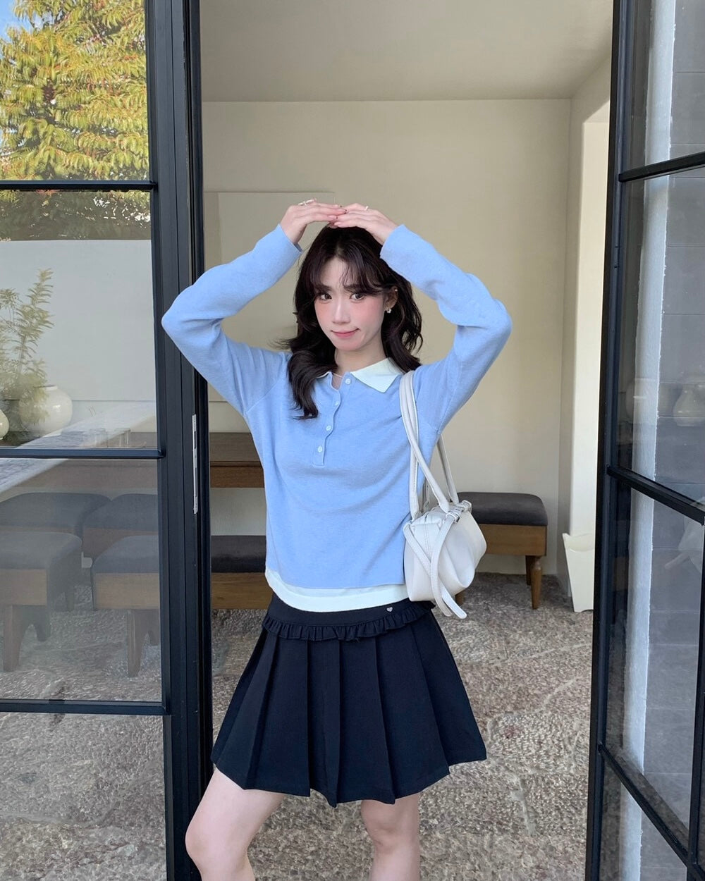 Collared Faux-Layered Knit Top