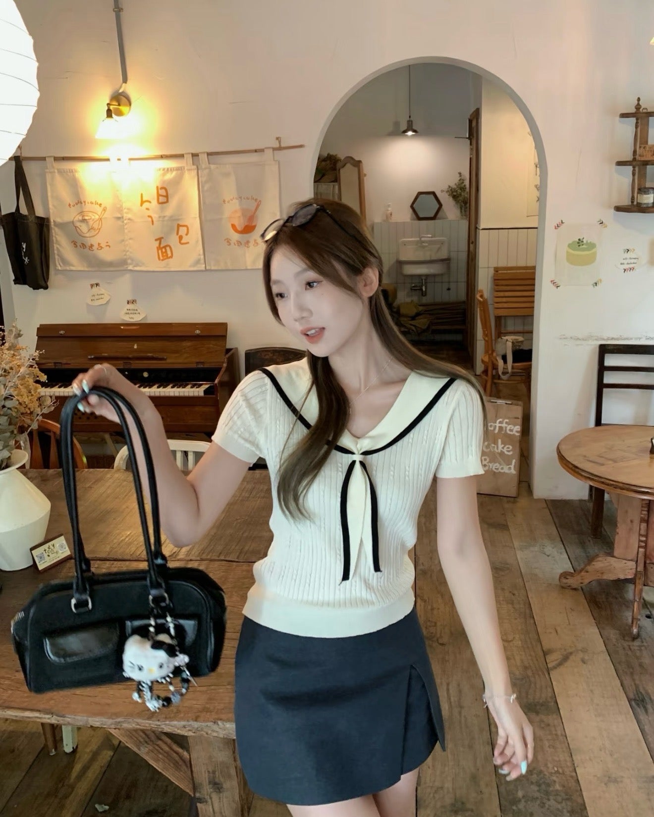 Sailor Collar Ribbed Knit Top