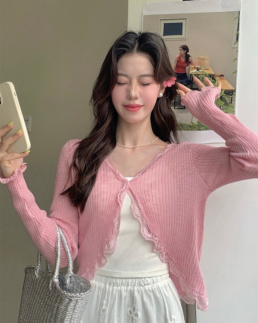 Lace-Trim Ribbed Cardigan