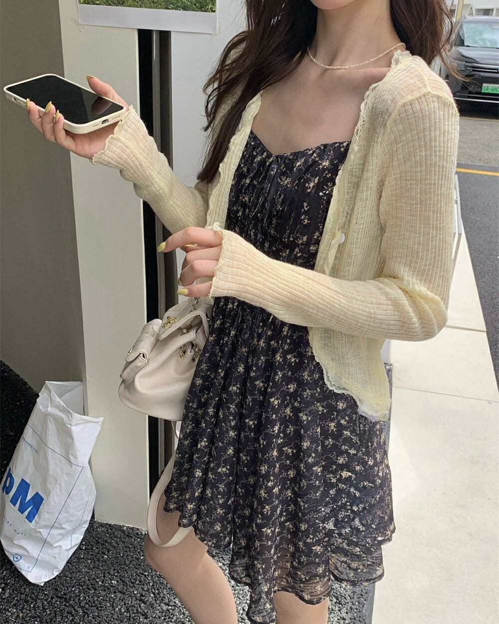 Lace-Trim Ribbed Cardigan