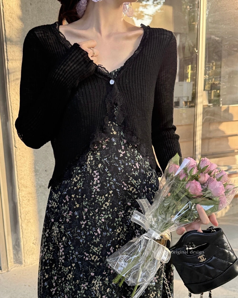 Lace-Trim Ribbed Cardigan