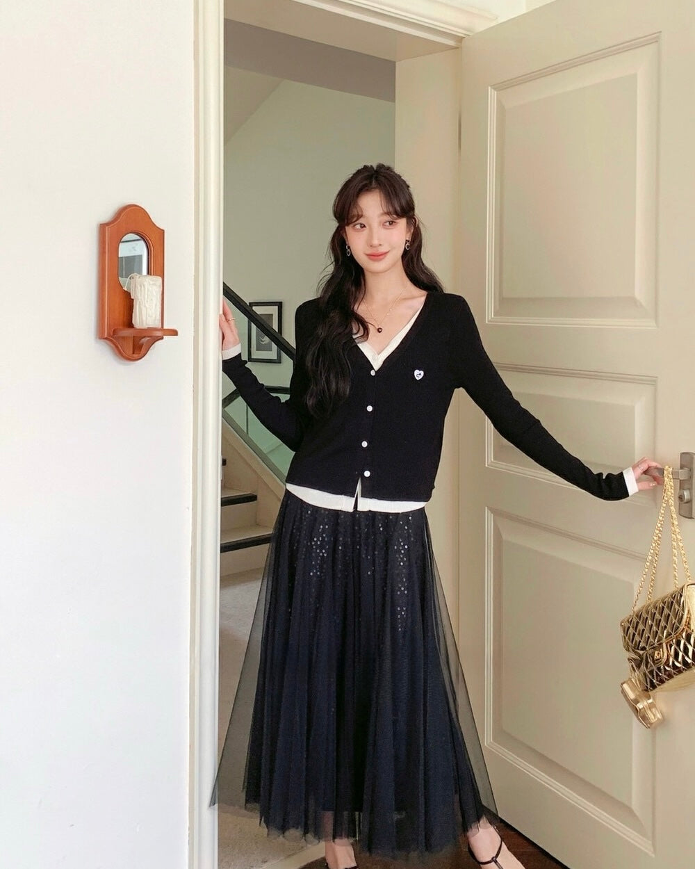 Layered-Look Knit Cardigan