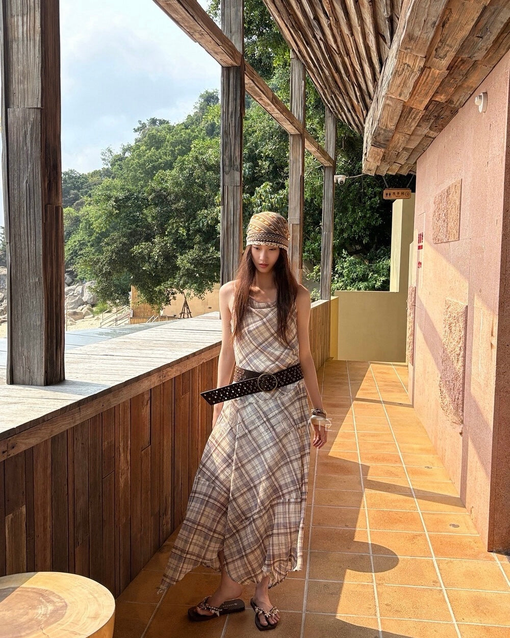 Asymmetric Plaid Slip Dress