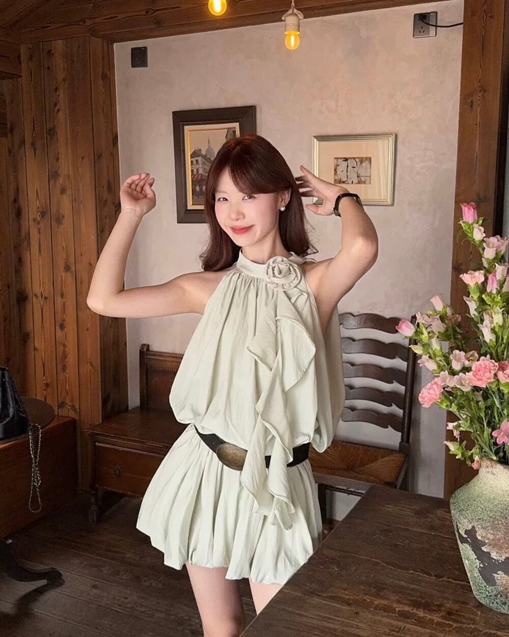 Bubble Hem Mini Dress with Belt