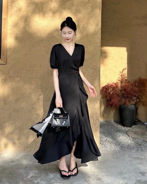 Asymmetric Tie-Back Slit Dress