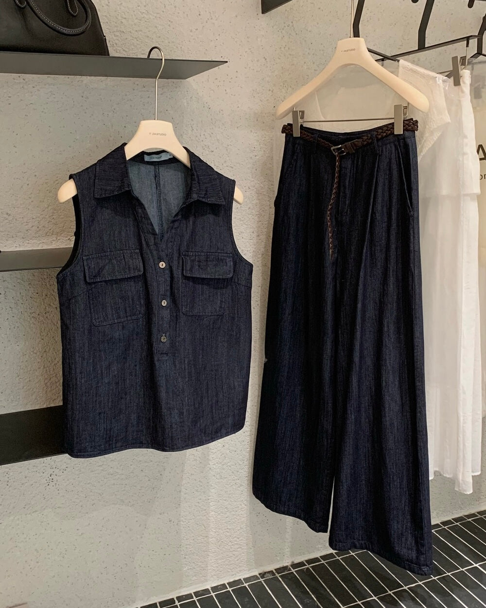 Sleeveless Denim Top & Wide Leg Pants Set