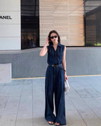 Sleeveless Denim Top & Wide Leg Pants Set