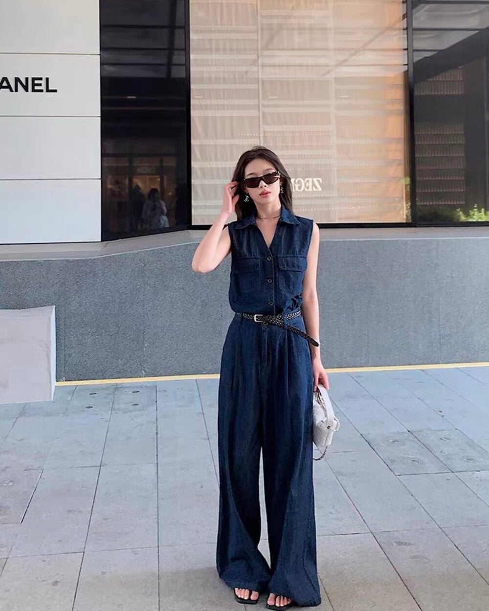 Sleeveless Denim Top & Wide Leg Pants Set