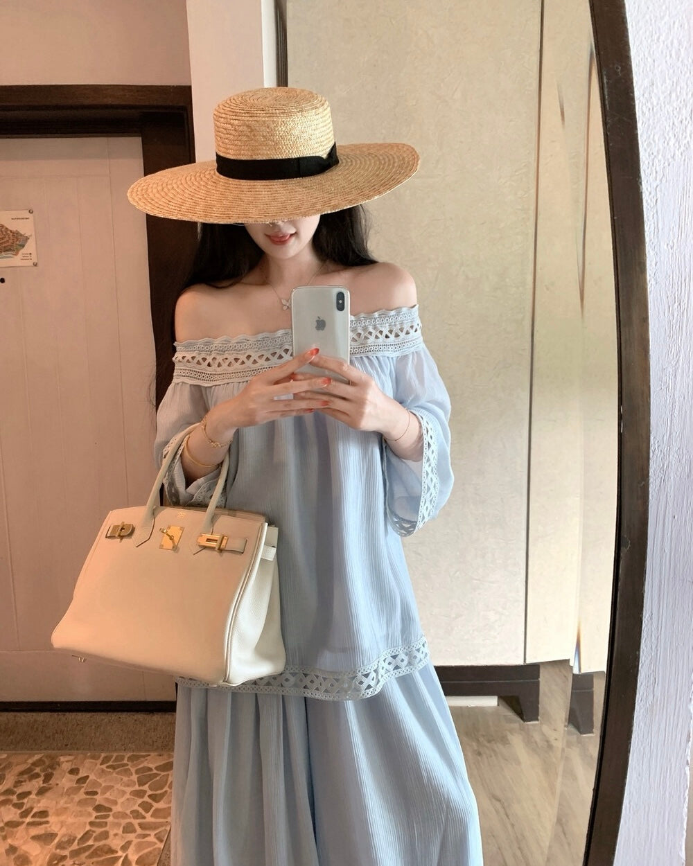 Lace Off-Shoulder & Wide Leg Pants Set