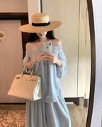 Lace Off-Shoulder & Wide Leg Pants Set