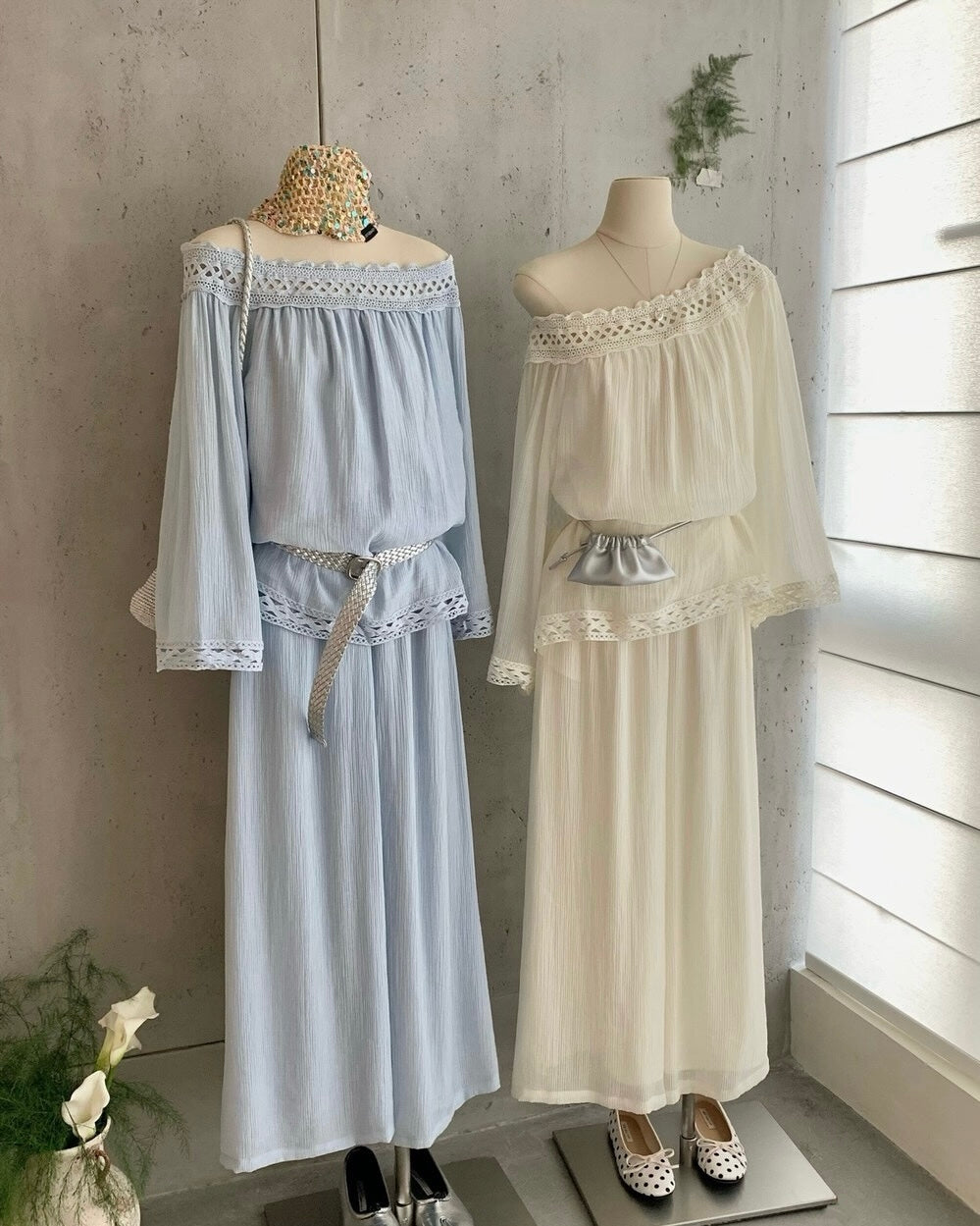 Lace Off-Shoulder & Wide Leg Pants Set