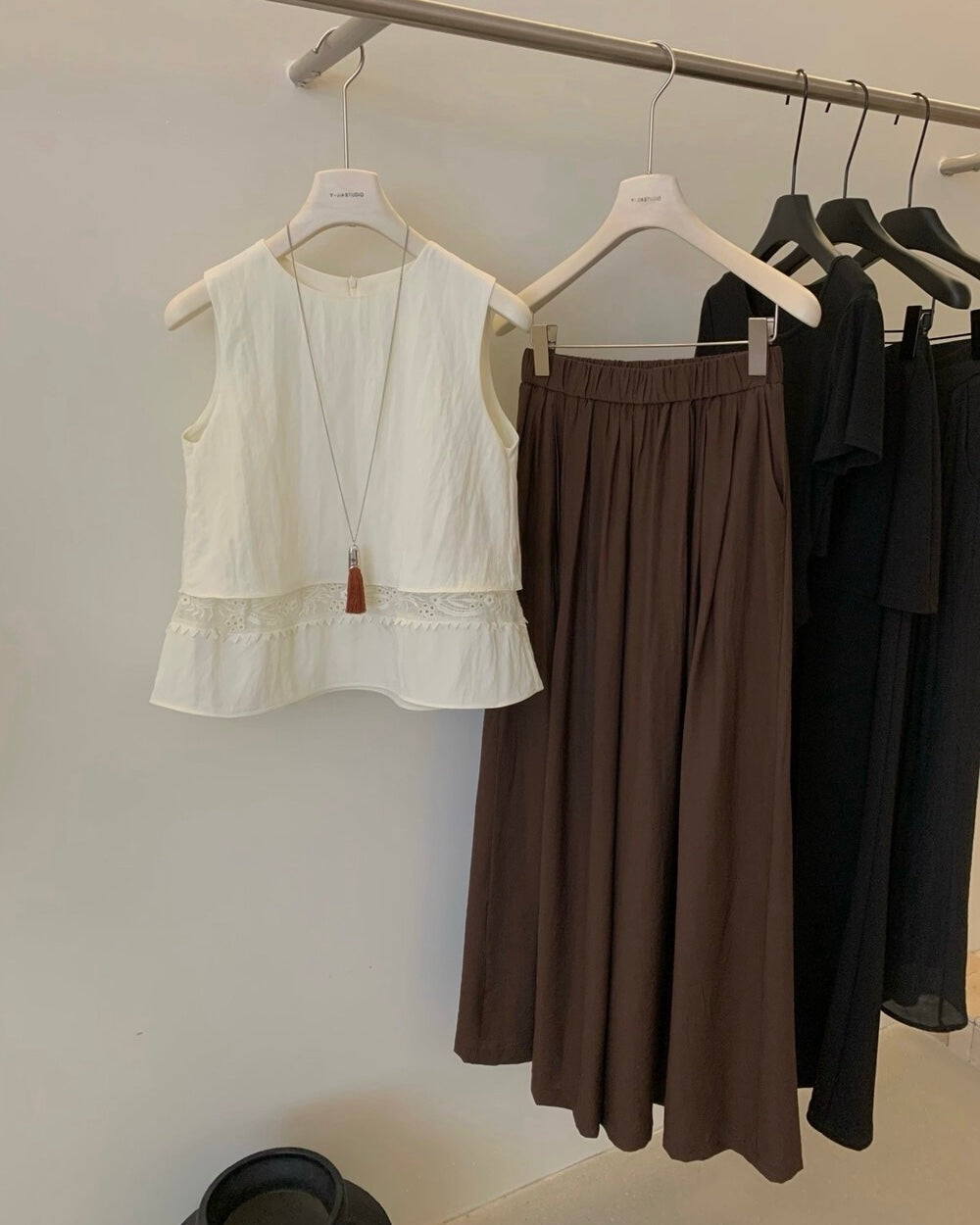 Lace Panel Mock Two-Piece & Wide Leg Pants Set
