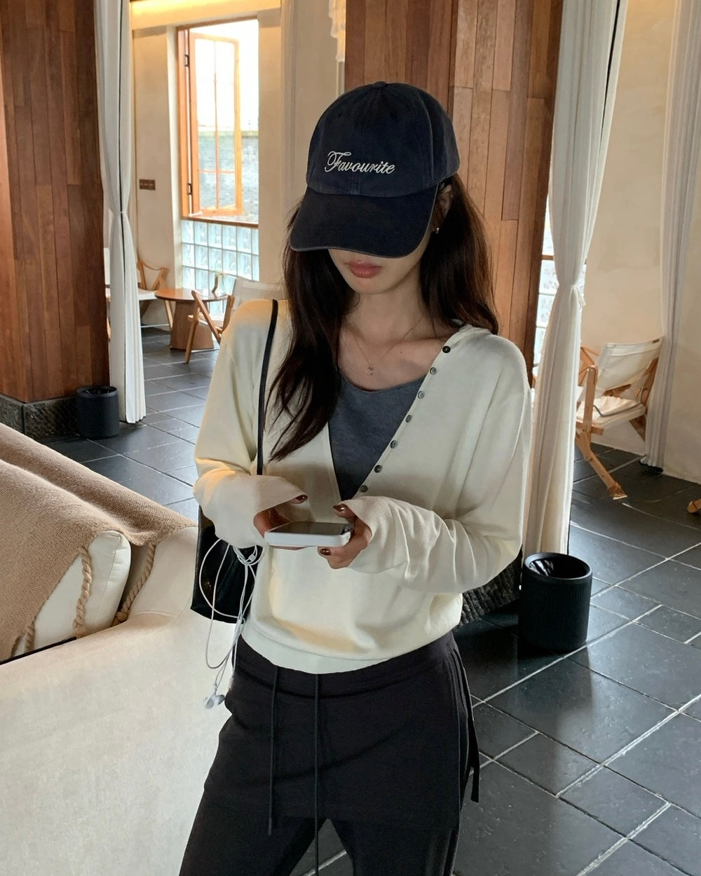 Mock Two-Piece Knit Hoodie with Button-Front Detail