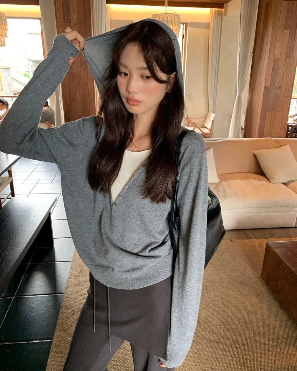 Mock Two-Piece Knit Hoodie with Button-Front Detail