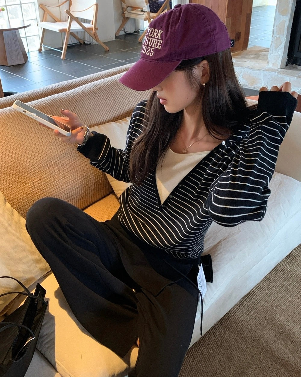 Mock Two-Piece Knit Hoodie with Button-Front Detail
