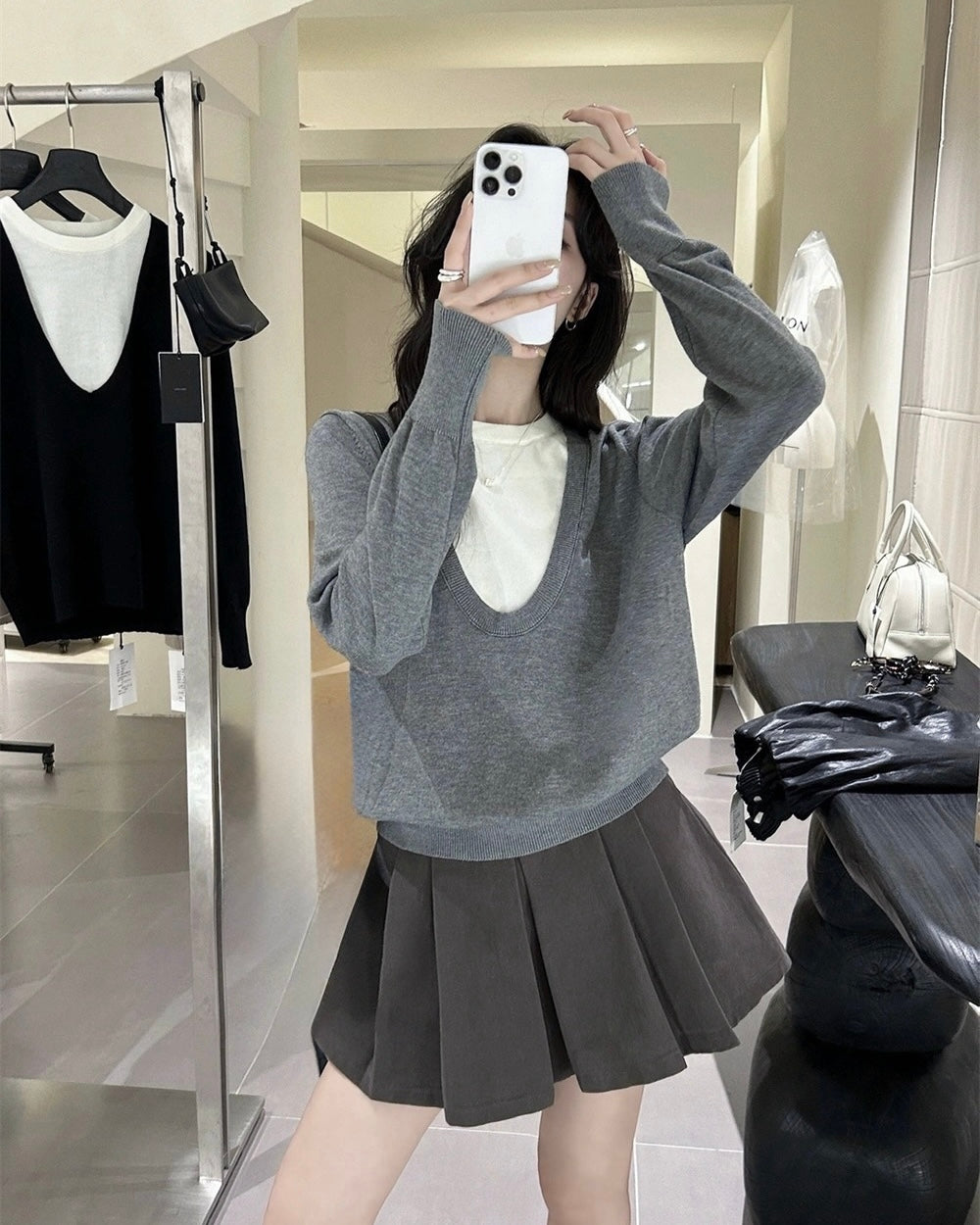 U-Neck Mock Two-Piece Knit Pullover