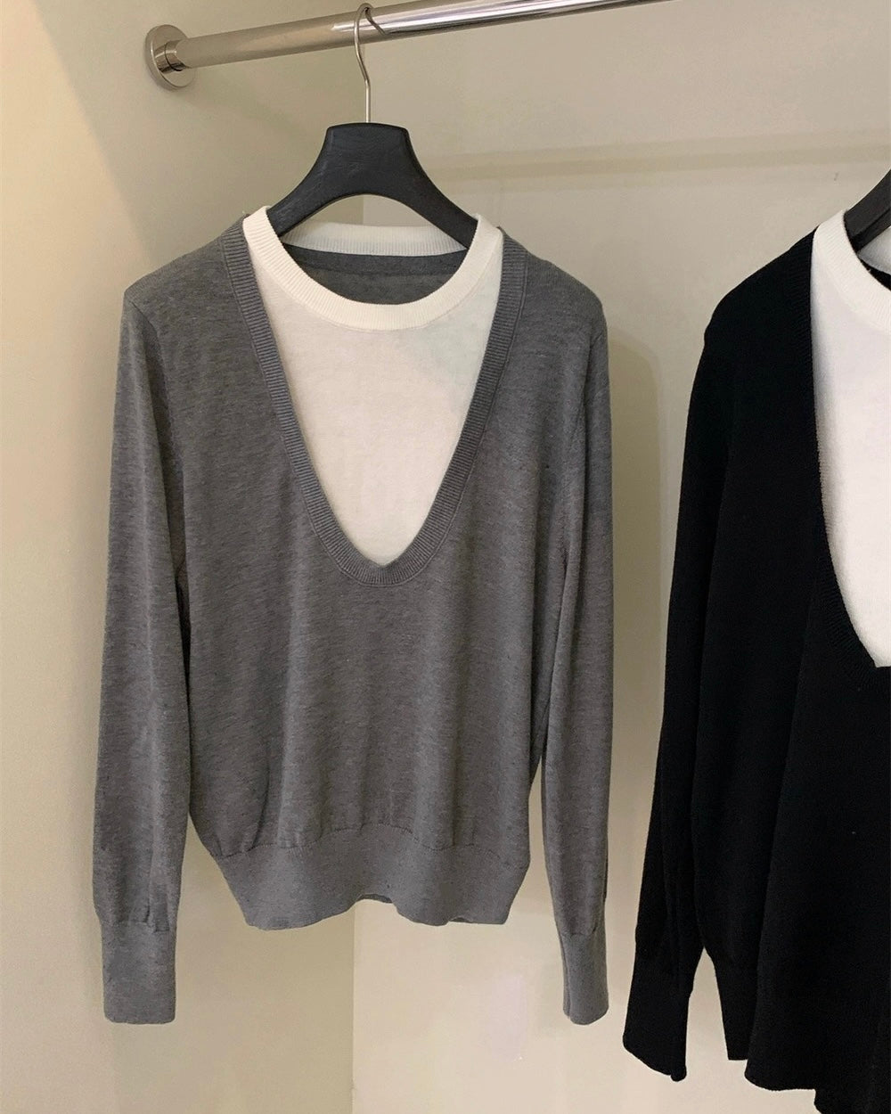 U-Neck Mock Two-Piece Knit Pullover