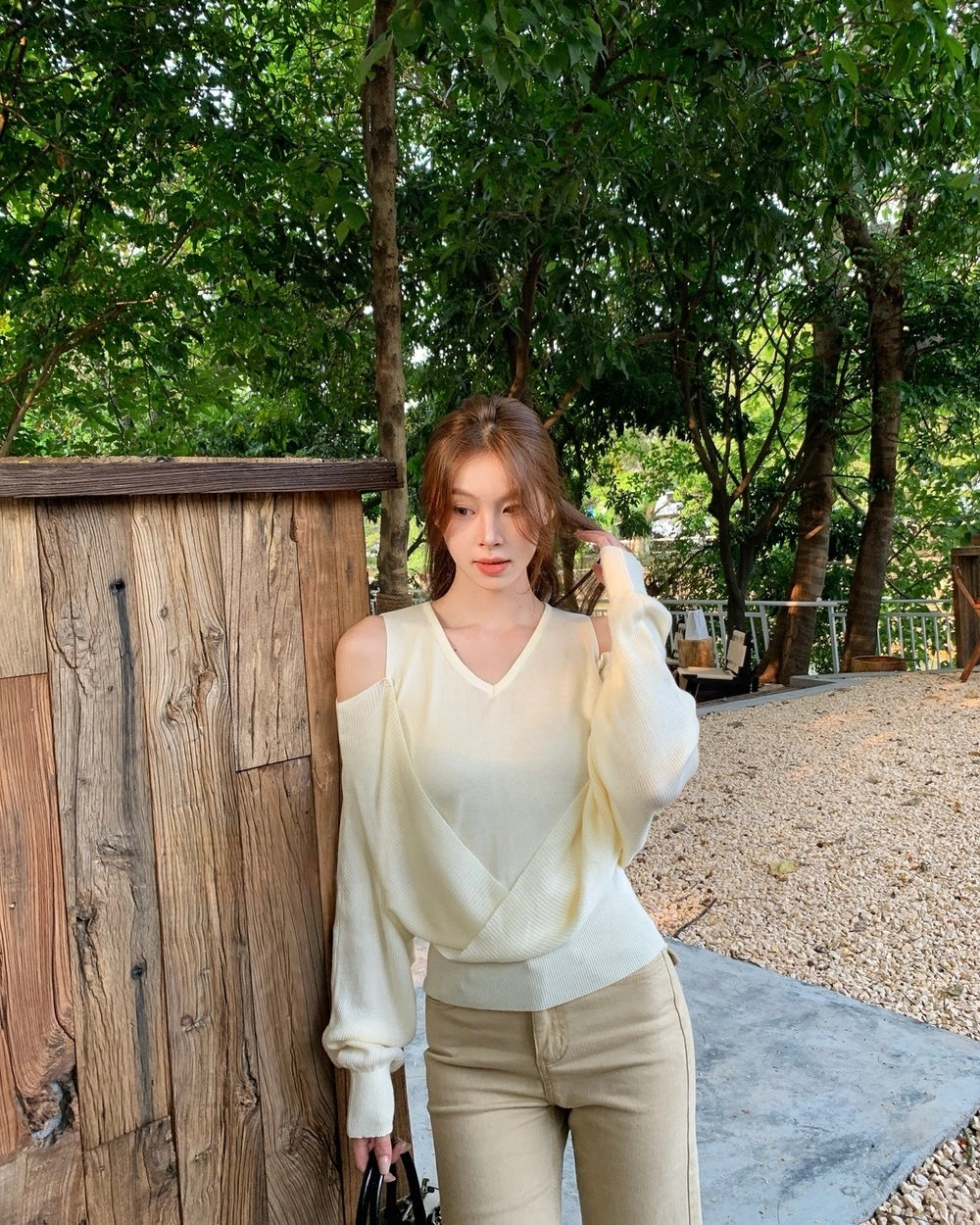 Cold-Shoulder V-Neck Criss-Cross Knit Top
